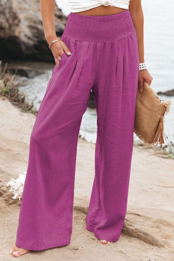 Women's Spring/Summer Beach Vacation Style Pants, Casual Wide-Leg Cotton-Linen Loose-Fit Trousers, Popular Beachwear Matching Pants for Women