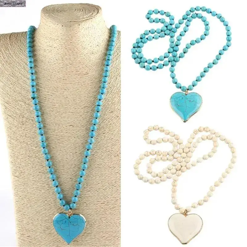 Women's Boho Turquoise Heart Beaded Necklace - Layered Chain Vintage Gemstone Pendant Jewelry, Coastal Cowgirl Style, Accessories for Women, Turquoise Jewelry, Summer Beach Vacation Wear, Heart Necklace