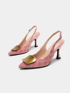 Women’s Pointed Toe Slingback Pumps, Printed Jacquard High Heel Dress Shoes with Gold-Tone Buckle for Office, Party and Evening, Multiple Colors