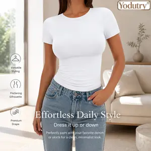 Yodutry Seamless Bodycon Ribbed Knit Short Sleeve Top | Form-Fitting Crew-Neck Stretchy High-Waist Tuckable Basic Tee