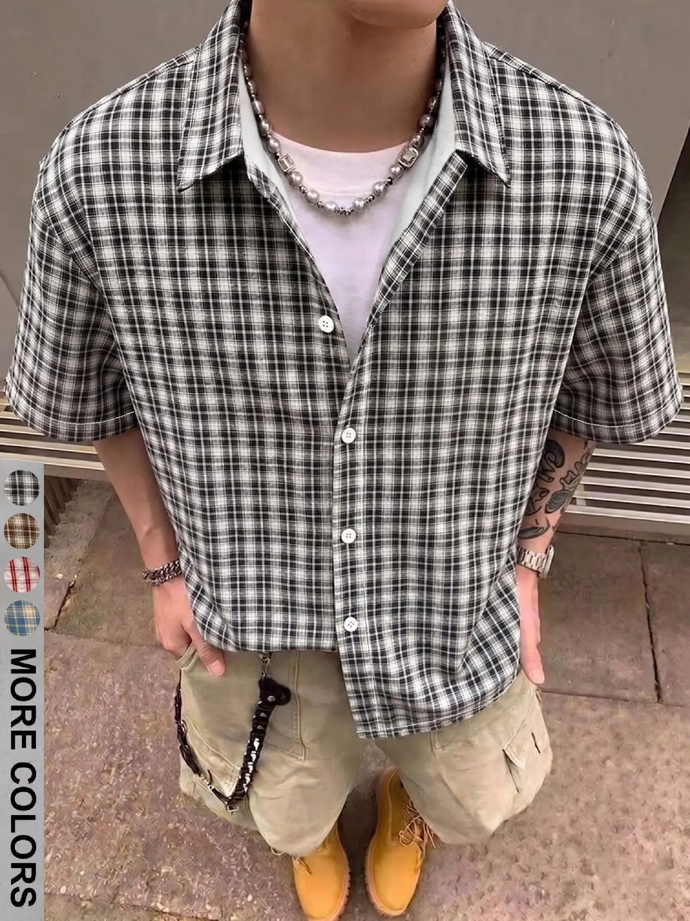 Men's Loose Fit Button Front Short Sleeve Collared Shirt | Casual Checked Plaid Print Crop Top | Outdoor Streetwear Fashion for Teens & Adults