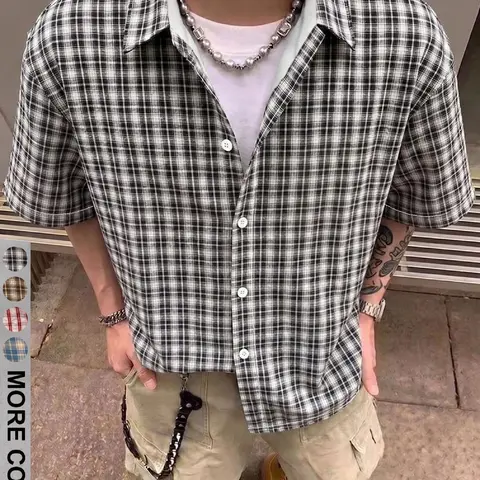 Men's Loose Fit Button Front Short Sleeve Shirt | Casual Checked Plaid Print Crop Top | Outdoor Streetwear Fashion for Teens & Adults Button Up Tops Streetwear Inspired