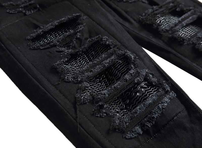 High Street Ripped Black Slim Fit Skinny Jeans for Men with Leather Patch and Stretch Men's Long Pants