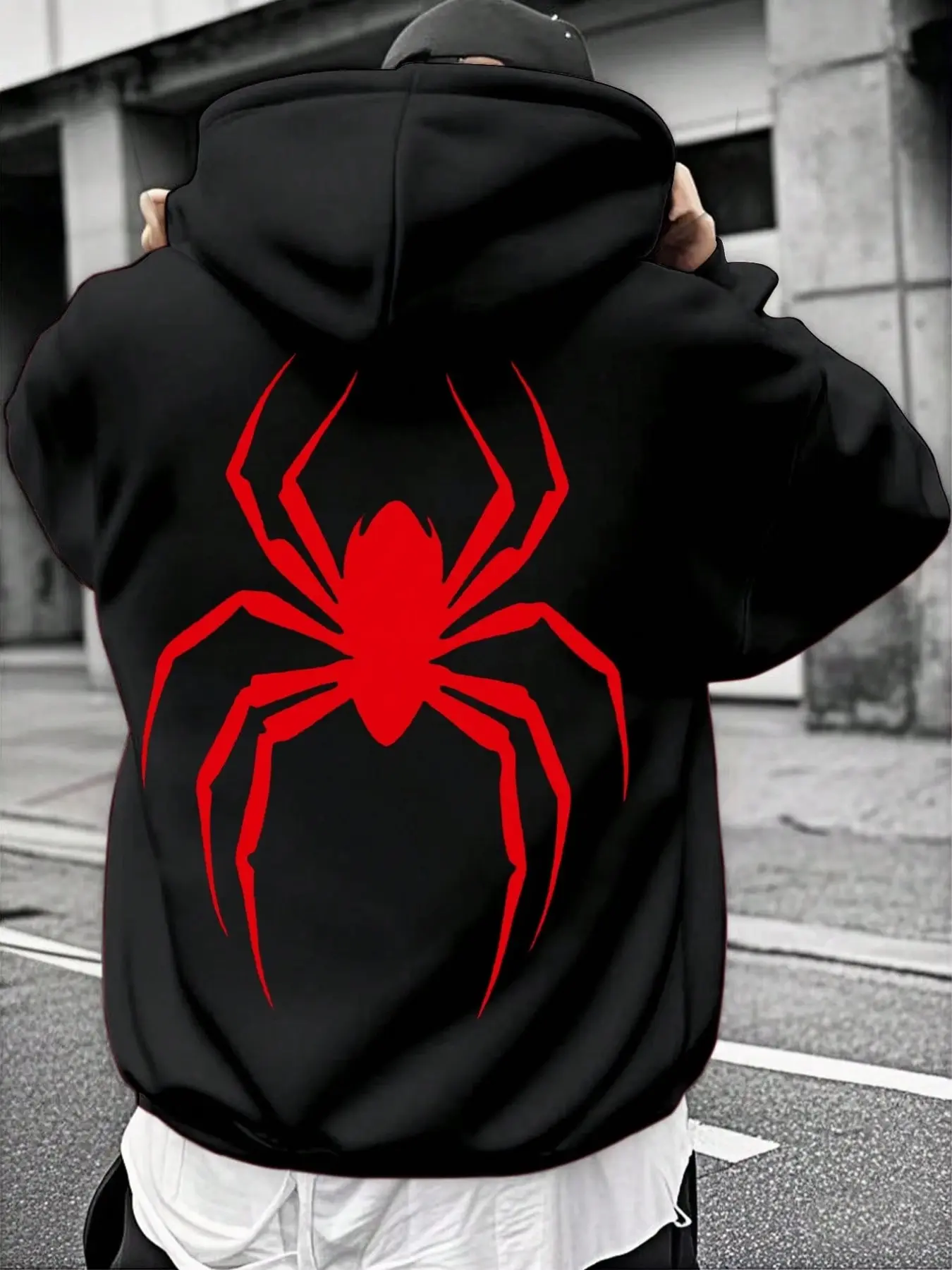 Spider-Man Theme Hoodie, Oversized Fit, Spider Print Back, Streetwear Style, Long Sleeve, All Seasons, Fitted Design