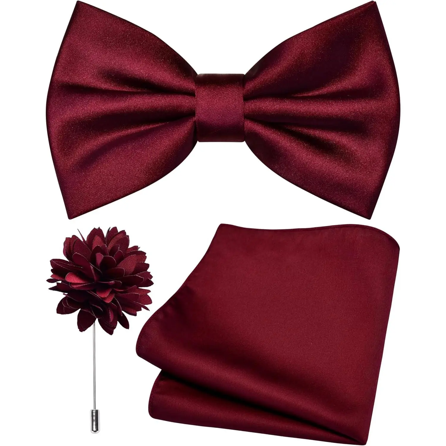 Solid Color Pre-tied Bow Tie and Pocket Square Lapel Pin Set for Men