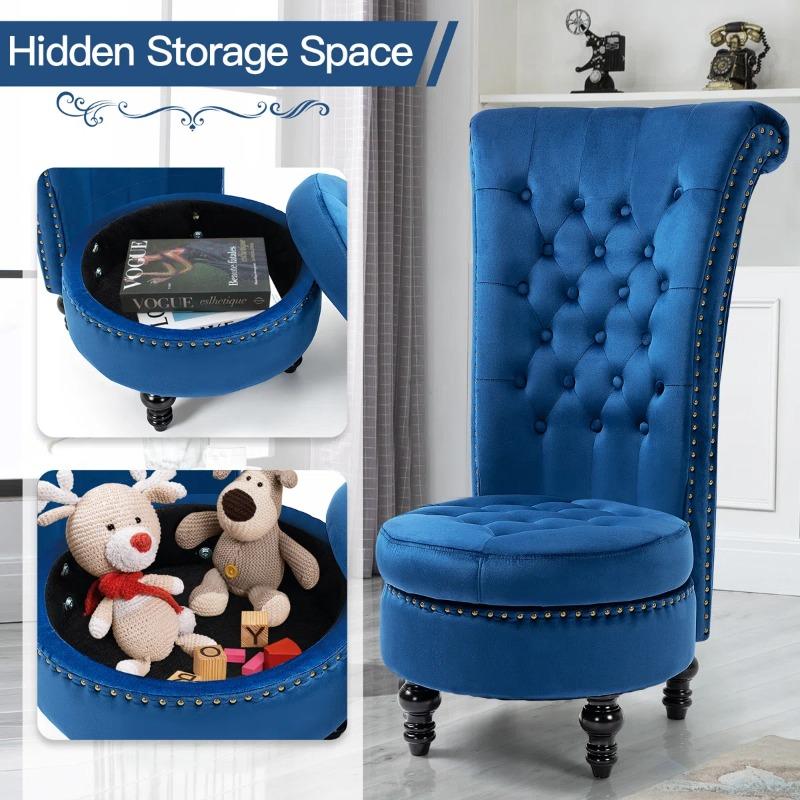 Ergonomic Velvet Accent Chair with High Back Support & Built-in Storage, Black/White/Blue