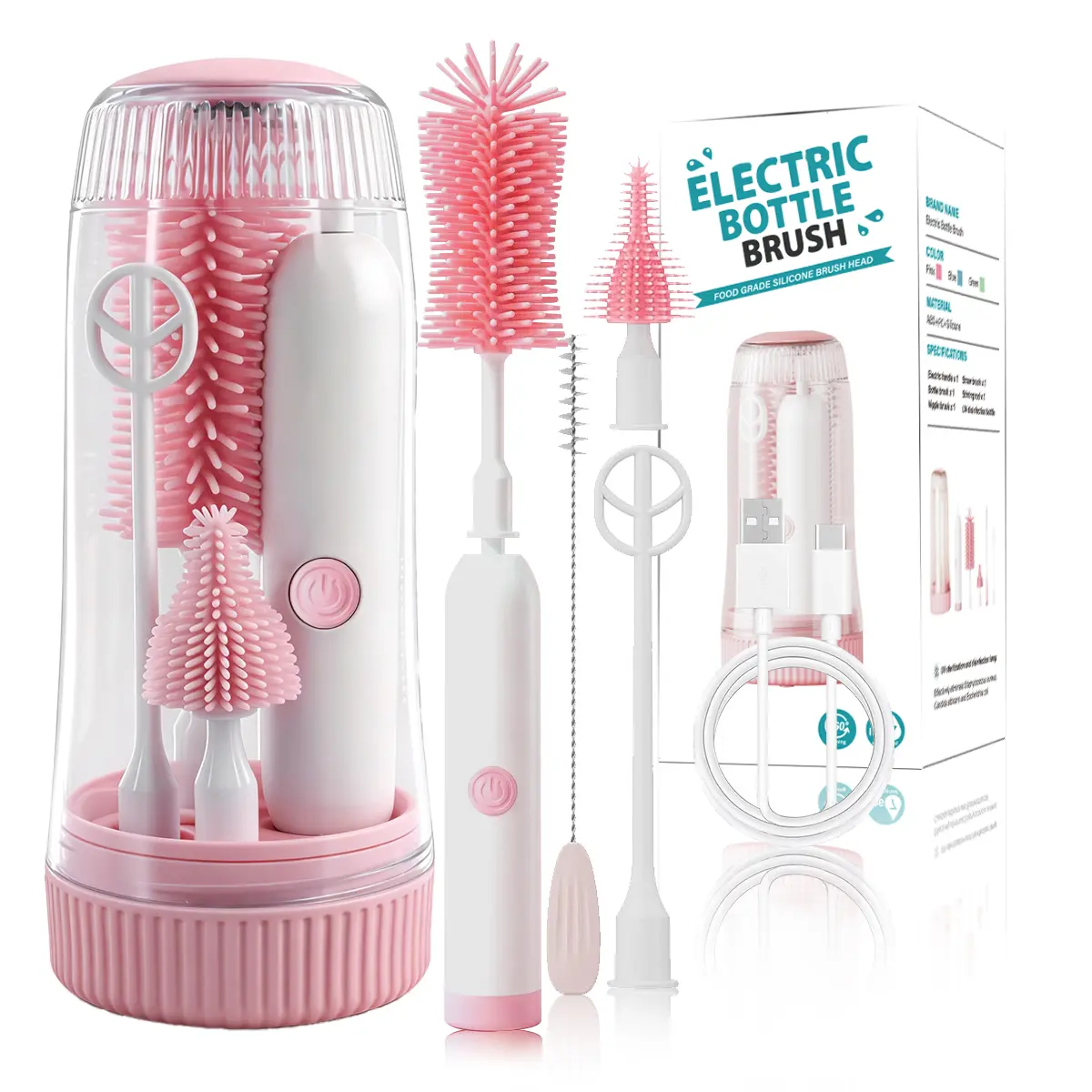 Electric Bottle Brush for Baby Items - 2-Speed 280RPM, 4 Food-Safe Odorless Silicone Heads (Nipple/Straw/Mixer), UV Sterilizer & Drying Storage, IPX67 Waterproof, 1500mAh, Deep Clean Tool for Cups