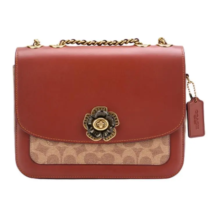 COACH Madison 24 Camellia Logo Turn-Lock Crossbody Bag for Women, Medium Size, Tan and Rust Leather