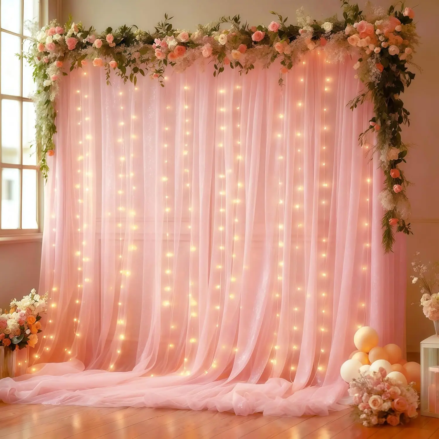10x10FT  Wrinkle Free Backdrop Curtains with Lights String for Parties - Photo Curtain Backdrop with Lights for Wedding Decorations, Bridal  Shower Birthday Party Photography Background