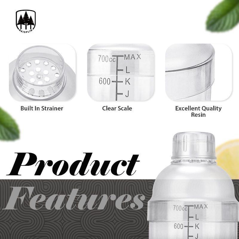 2pcs 24Oz Plastic Cocktail Shaker Set with Black Scales, Raisaplin Hand Drink Mixer Tea Shaker Cup Bartender Additions Bar with 2pcs Double Measuring Jigger Bar Coffee Kitchen Party