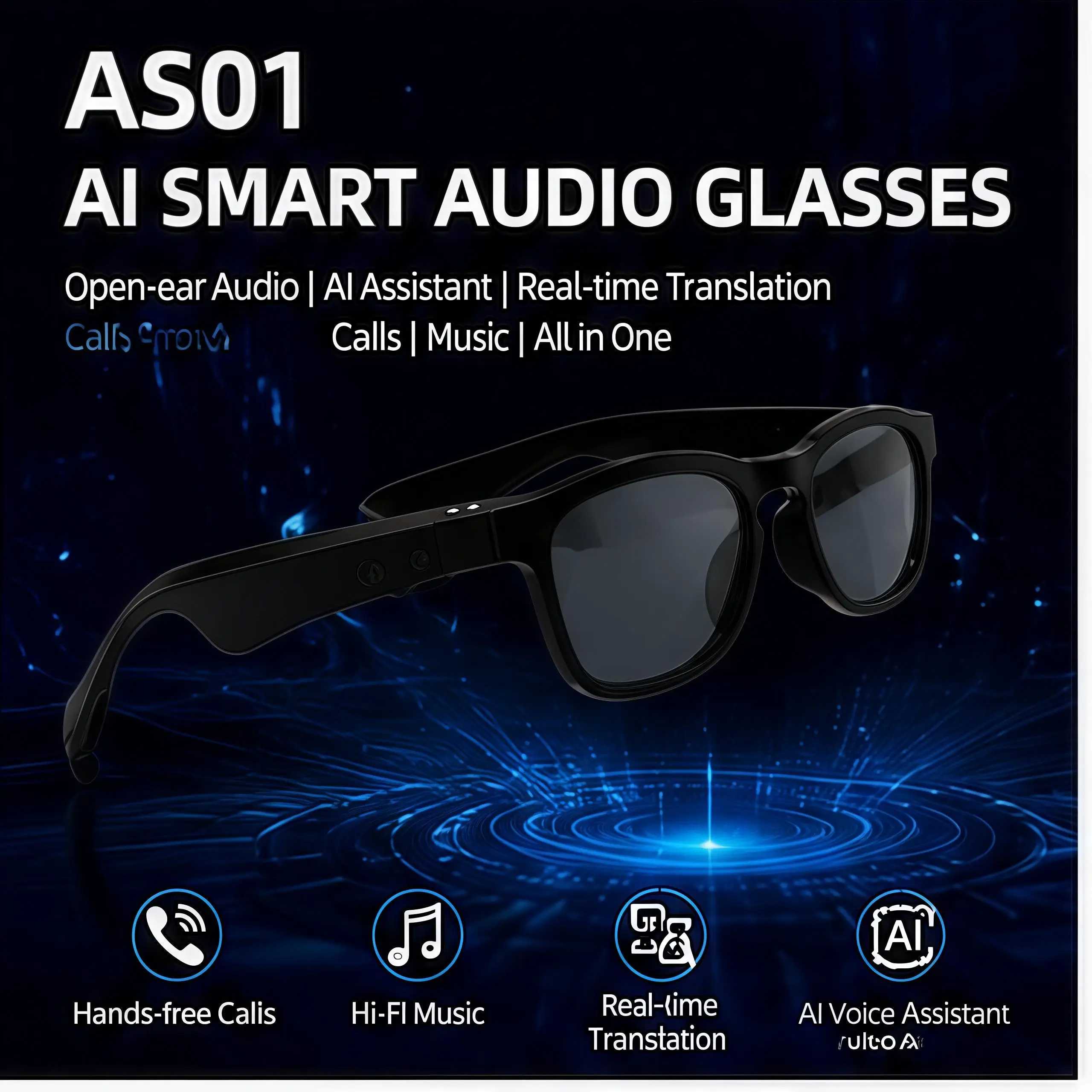 AS01AI Wayfarer Sun Smart Glasses - Wireless Bluetooth Android Wearable Translator, 160 Languages, Chat GPT, Color Changing Lens, Microphone, Speaker, HD Voice Calls, HIFI Music Player, USB, Button Control, Hands-Free, for Women, Travel, Gifting, Hiking