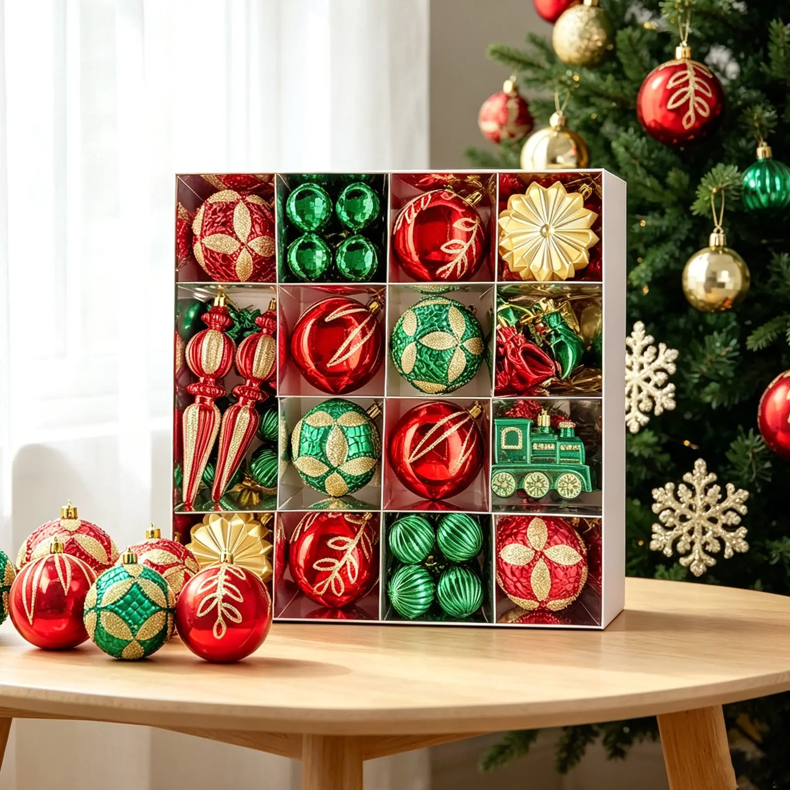 60pcs Christmas Decorations, Electroplated Plastic Balls, Train Head Snowflake Gift Set, Unique Painted Christmas Ornaments, Hanging Baubles