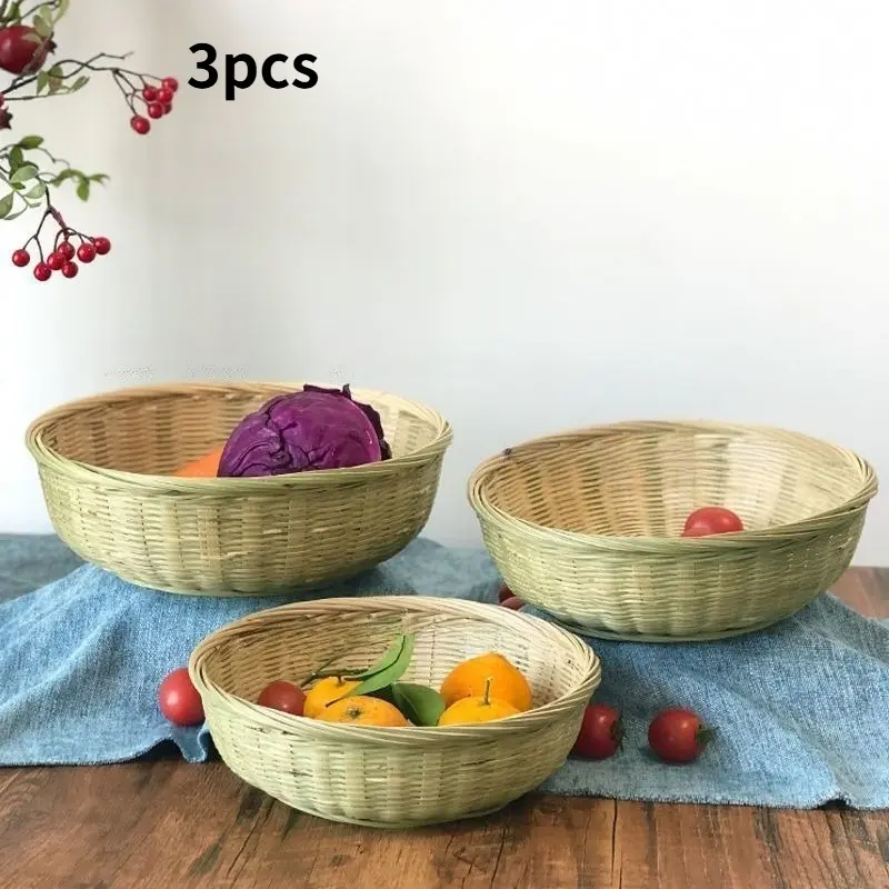 3-Piece Handcrafted Bamboo Basket Set for Kitchen Organization - Bamboo Trays, Wicker Bread Basket, Fruit Holder, Steamed Bun Container, Snack Organizer, Decorative Home Accessories for Picnics, Three Pieces