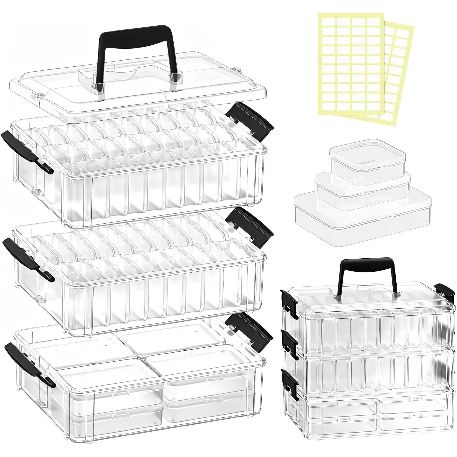 Bead Organizer Box 58 count, 3-Tier Stackable Storage Box, and 3 Different Container Sizes Small Plastic Containers with , Portability, Clear Organizers for  DIY Craft Storage