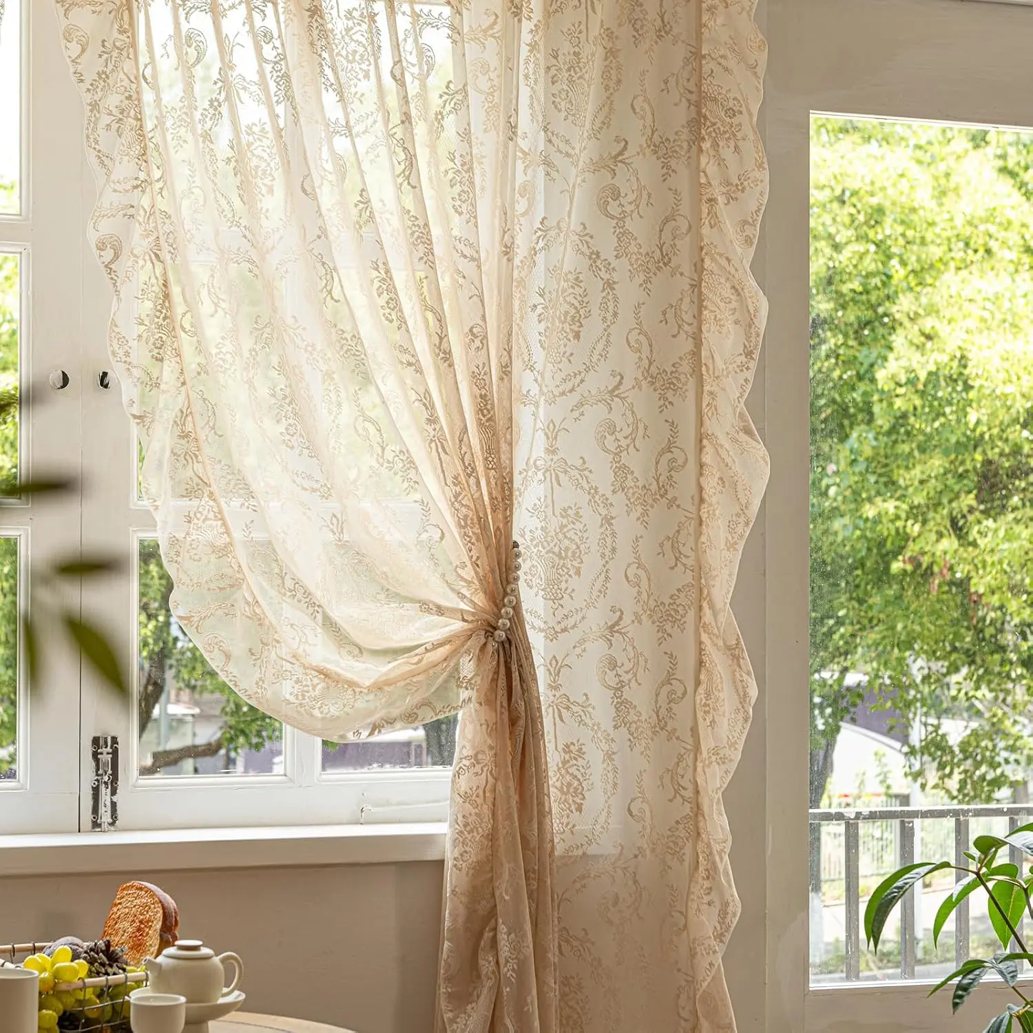 Beige Lace Curtains 63 inches Length 2 Panels Set Sheer Boho Florals Embroidery Vintage 70S Window Treatment Pair Mid Century Decor Drapes for Bedroom Living Room Rod W55 x L63