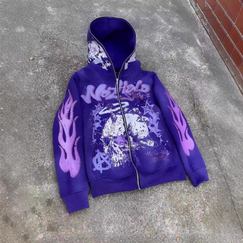 Streetwear Zip Hoodie Vintage Harajuku Cartoon Print Oversized Sweatshirt