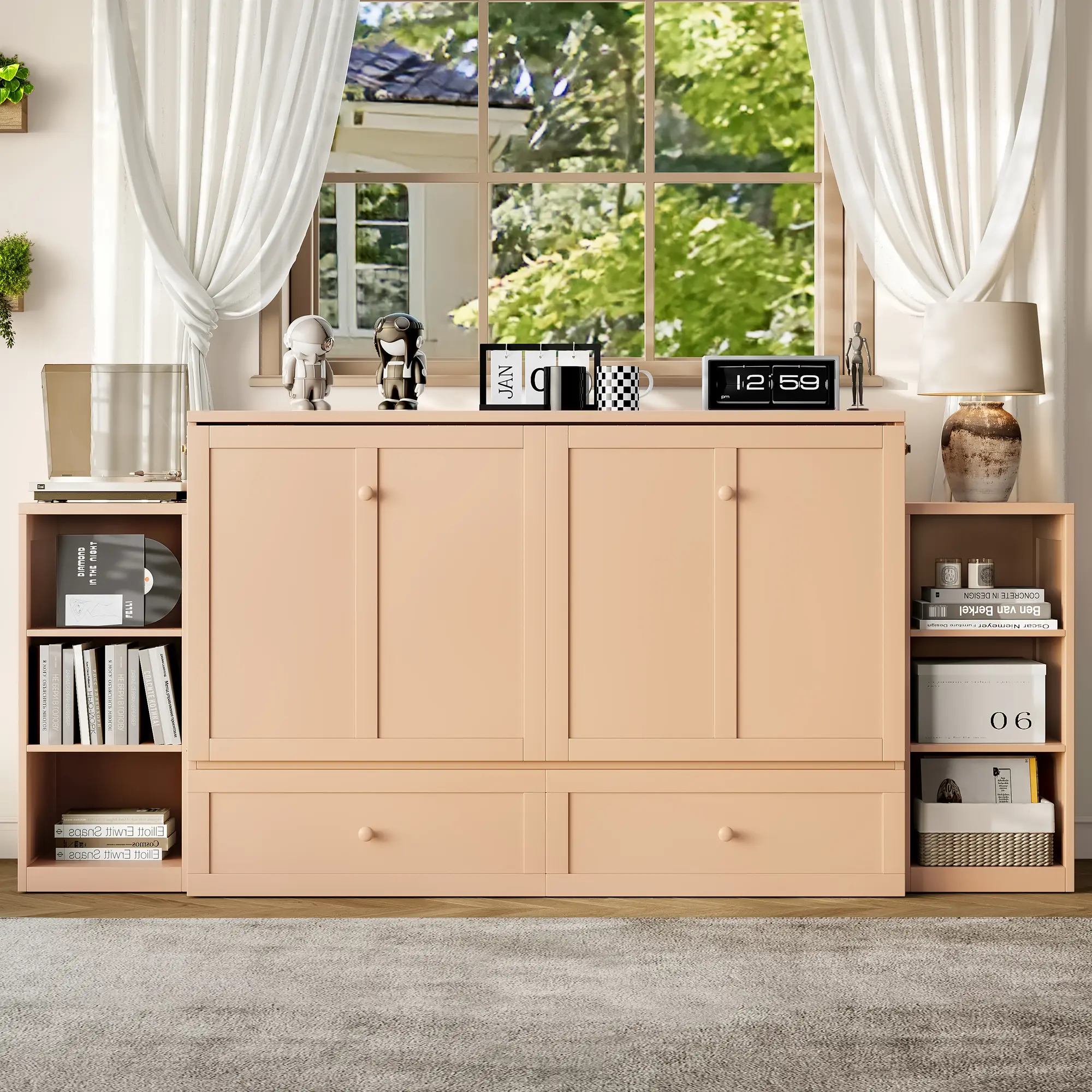 ARCH Queen Size Murphy Bed with Drawers & Shelves, Durable Wood Frame Golden Finish, Easy Fold-Down Mechanism, Full-Size Sleeping Area, Small Spaces/Studio Furniture, Maximizing Floor Space for Guest Room/Home Office, Compact Bedroom
