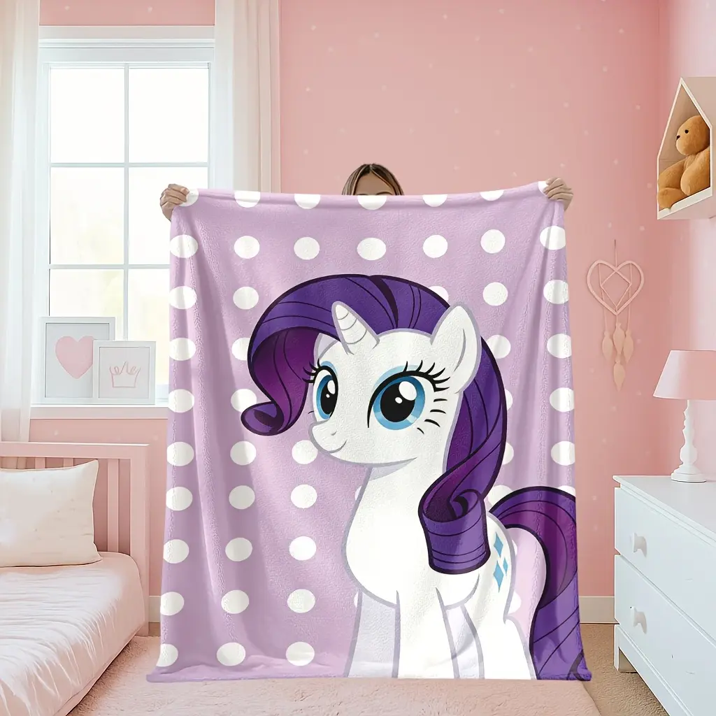 My Little Pony Rarity Pure Cotton Flannel Throw Blanket, Light Purple-White Polka Print Unicorn Cartoon Soft Warm Home Bedding, Camping Travel Gift for Little Girls MLP Fans, Multi-Size