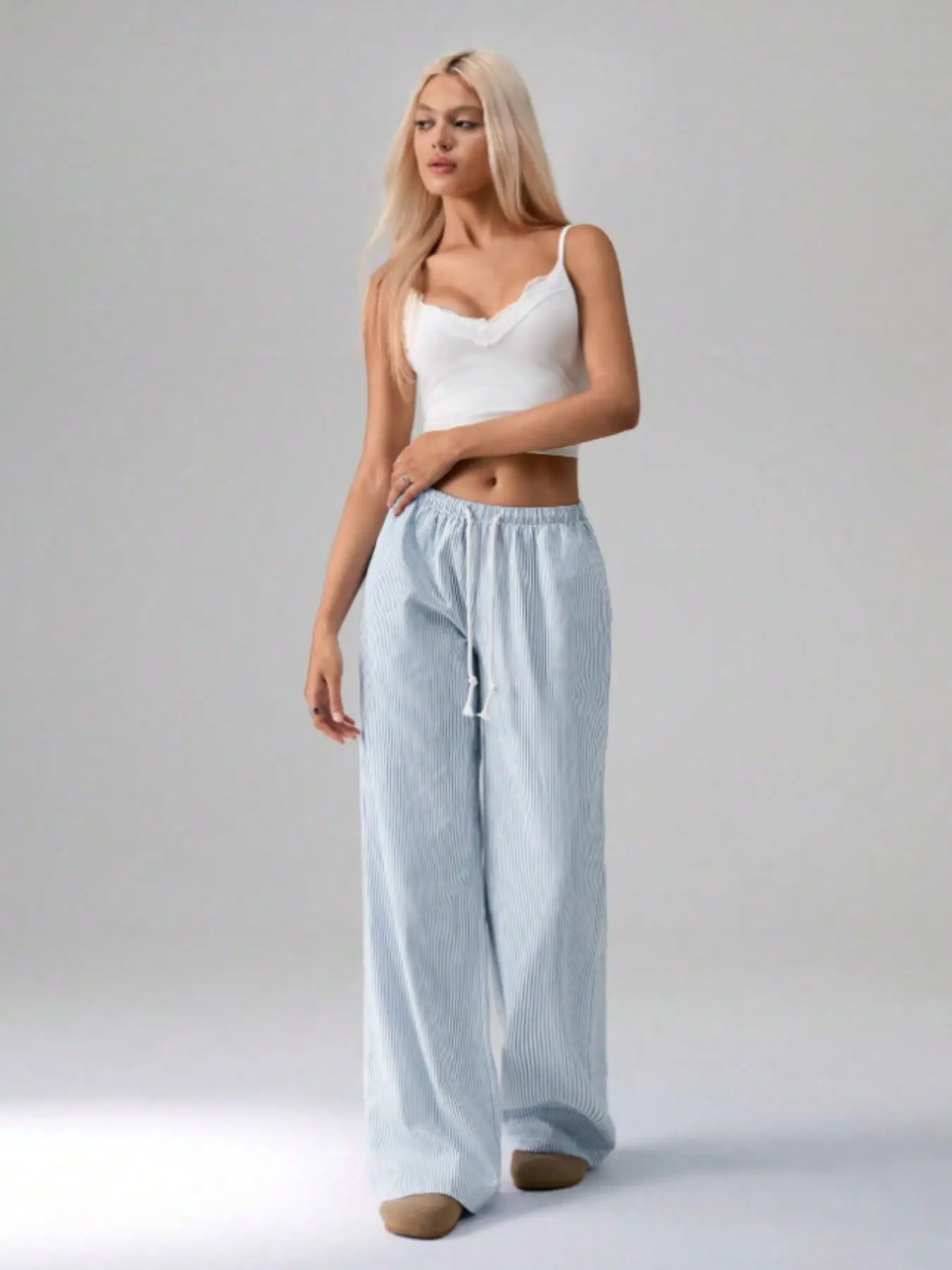 Women's Loose Straight Leg Striped Casual Pants, New Arrival for Winter Thanksgiving and New Year, Comfortable and Stylish