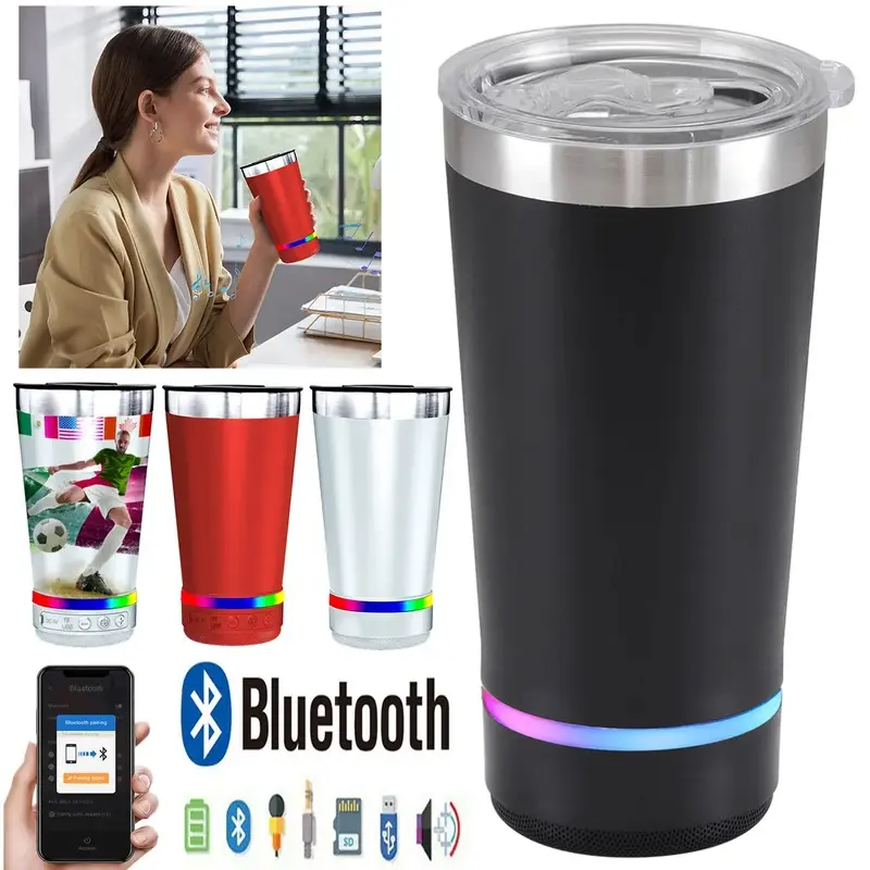 Aston Digital Stainless Steel 16.oz Nsulated MUG With Built-in Bluetooth Ser Rechargeable Wireless Multi-color LED Lights Prefect Gift