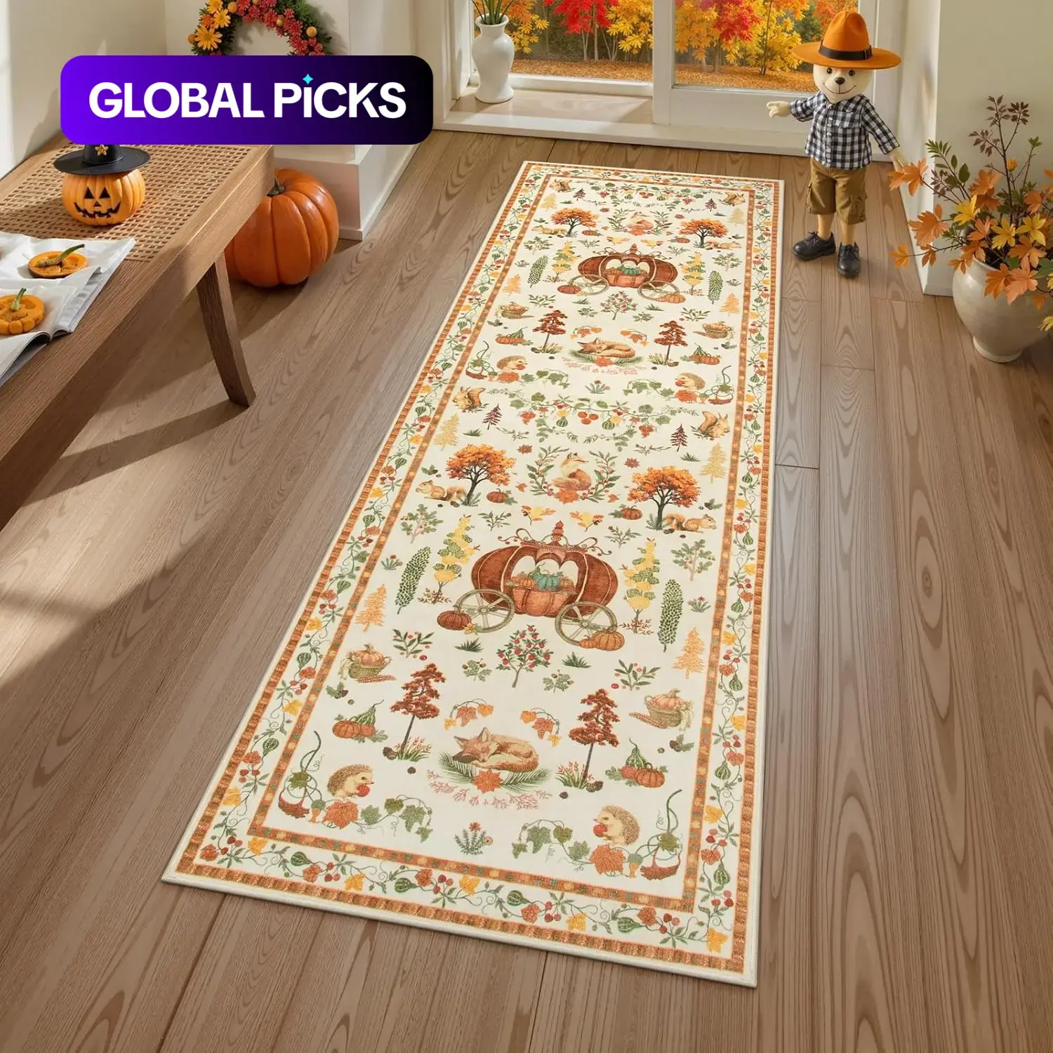 Autumn Pumpkin Pattern Long Hallway Carpet, Animal Floral Design, Anti Slip Non-Slip Washable Farmhouse Hallway Runner Rug for Home Decorative Rug, Farmhouse Runner Rugs #GLOBAL PICKS