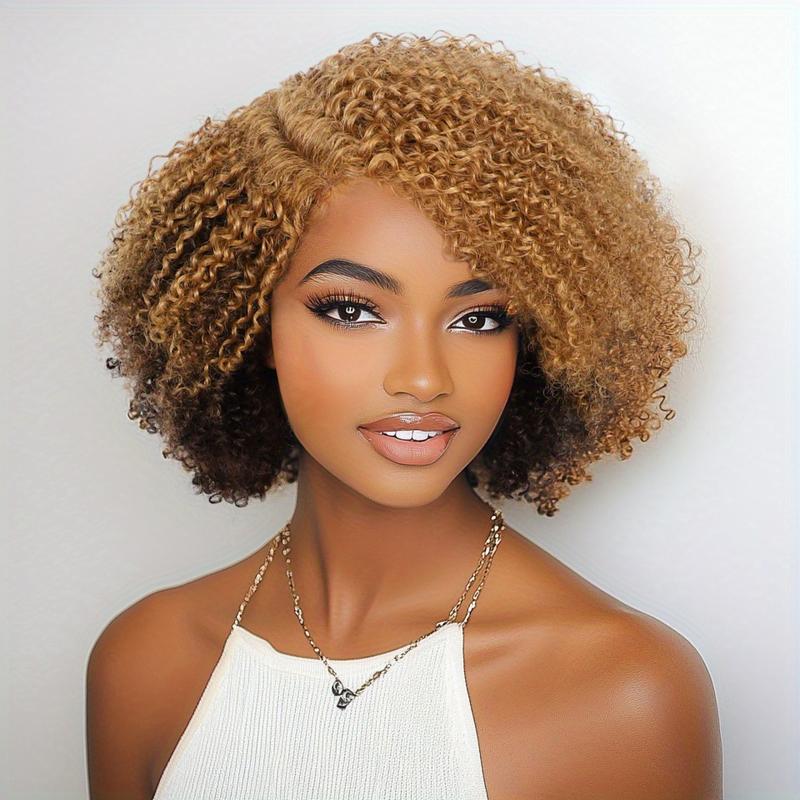 Fashion New 250% density Short Pixie Cut Afro Kinky Curly Bob Wig 4x1 Lace Human Hair Wigs For Women Brazilan Ombre Blonde Highlight Brown Afro Kinky Curly Human Hair Wig With Bangs