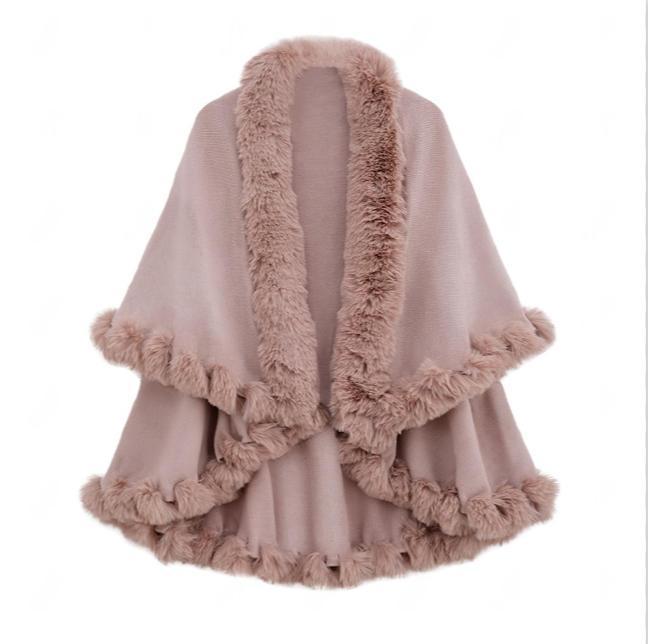 Wool collar double-layer imitation cashmere cape shawl knitted cardigan jacket women's autumn and winter jacket shawl