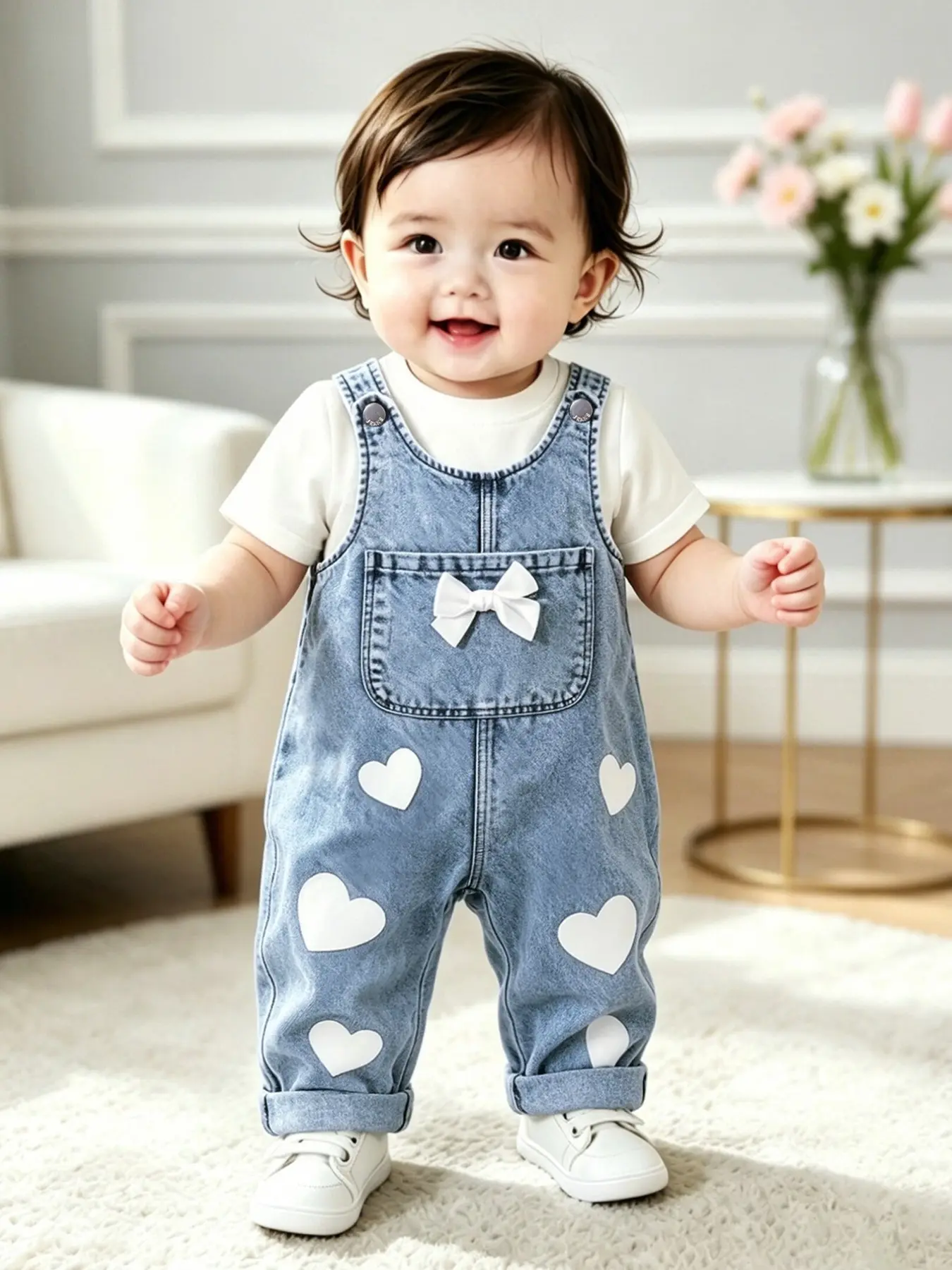 Cute Toddler Girl Bib Denim Overalls Heart Print White Bow, Adjustable Strap Loose Straight Pants for Spring Fall Outdoor Daily Wear 6M-3T