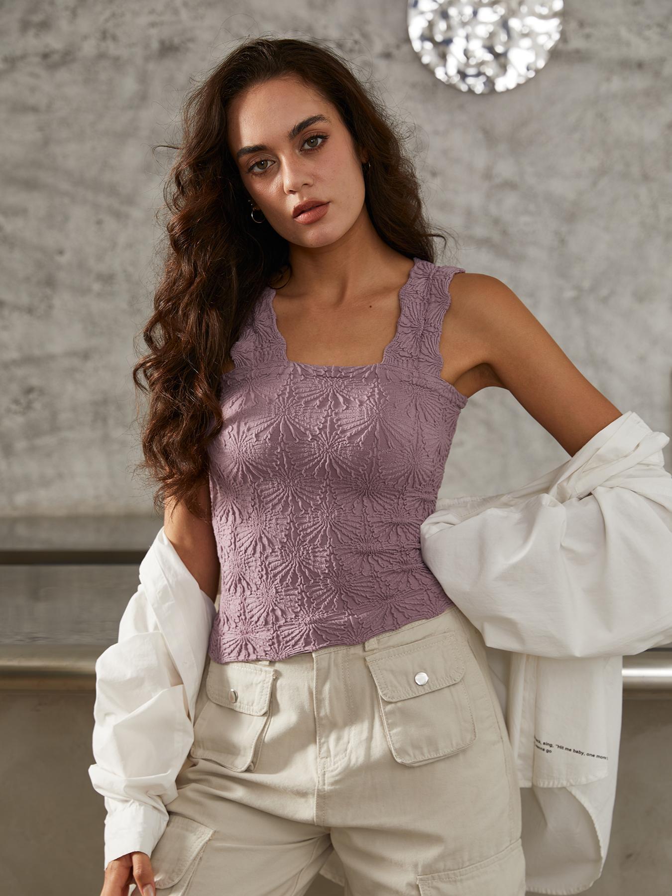 Women's Solid Color Floral Jacquard Sports Singlet, Casual Sleeveless Square Neck Tank Top for Yoga Gym Workout, Ladies Sportswear for All Seasons, Gym Wear, Sleeveless Gym Tops