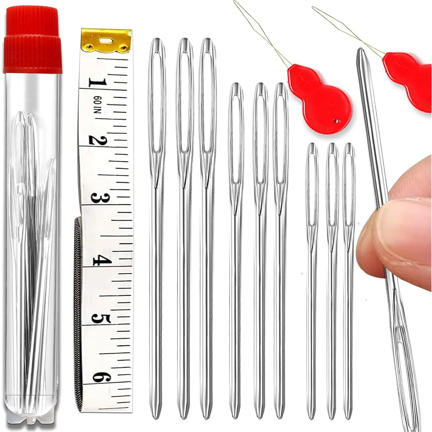 9 count/3 Sizes Large-Eye Blunt , Double Flexible Tape Measure, Steel Yarn  with  Threader, Tapestry  for Sewing Crochet Knitting Embroidery( 2.08in/2.36in/2.76in)