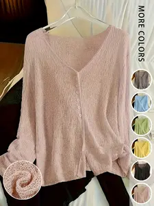 Loose Long Sleeve Sun Protection Knitwear Cardigan, Lightweight Breathable Summer Casual Fitted Top, Layered Look for Lazy Style
