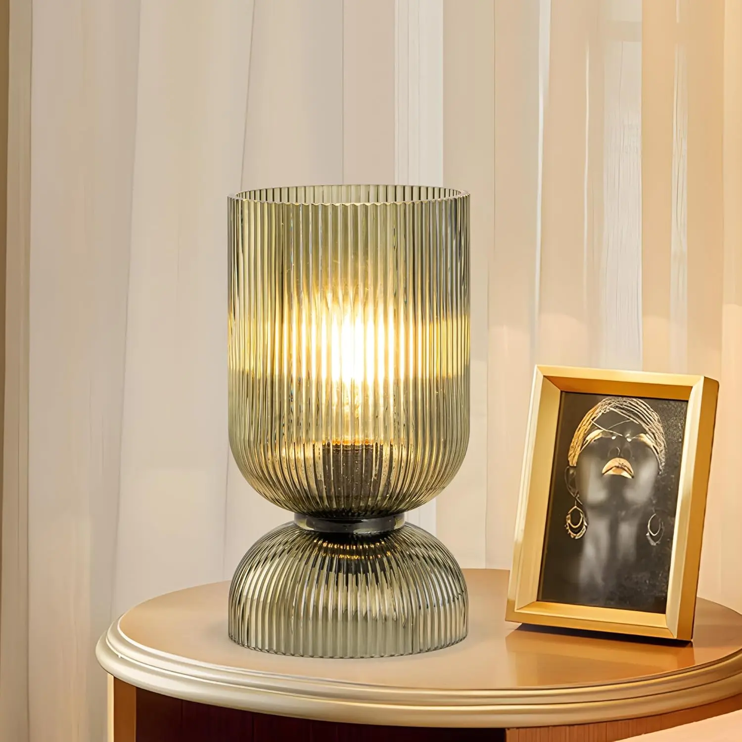Modern Mid Century Table Lamp with Green Glass Shade, Bedside Lamp, Nightstand Lamp for Bedroom Living Room Office (Bulb not Included)