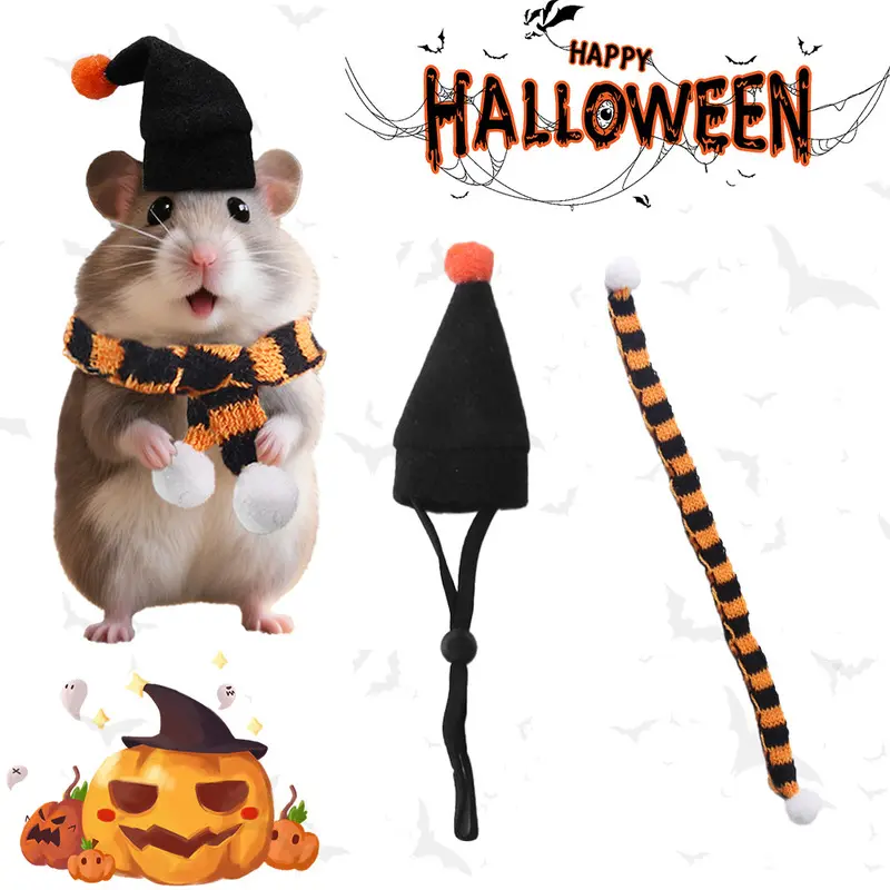 Halloween Small Pet Outfit, Pom Pom Wizard Hat & Striped Knitted Scarf, Festival Decor Accessories for Hamster Guinea Pig Tiny Rodents
