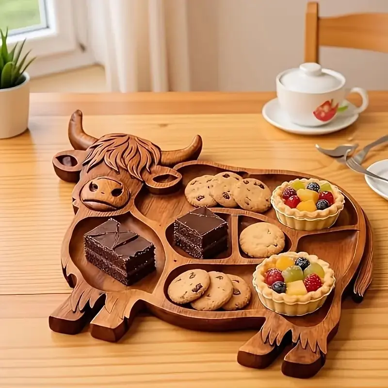 Highland Beef Food Platter Bamboo Tray Country Farmhouse Divided Serving Dish Multi-use Cutting Board for Cheese Meat Fruit Snacks Family Gathering Festive Meal Serving Plates Platters For Serving Food Party Food Trays