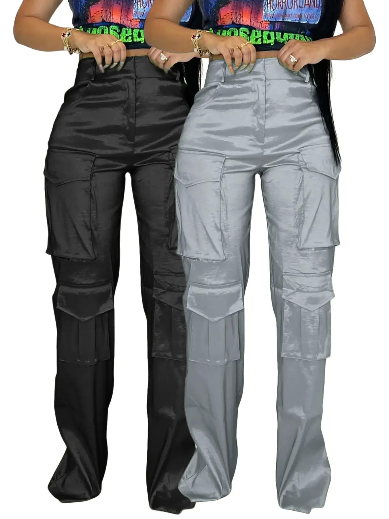 Women's Solid Color Pocket Zipper Cargo Pants, Fashion Casual High Waist Straight Leg Trousers for Daily Outdoor Wear, Women's Bottoms for Spring & Fall