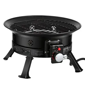 VEVOR Propane Fire Pit 19-Inch, 53, 000 BTU Portable Gas Fire Pit, with Grill Grate Lava Rocks, Adjustable Flame, Folding Legs, Smokeless Outdoor Firebowl for Camping, Patio, Backyard, Deck, RV, Black
