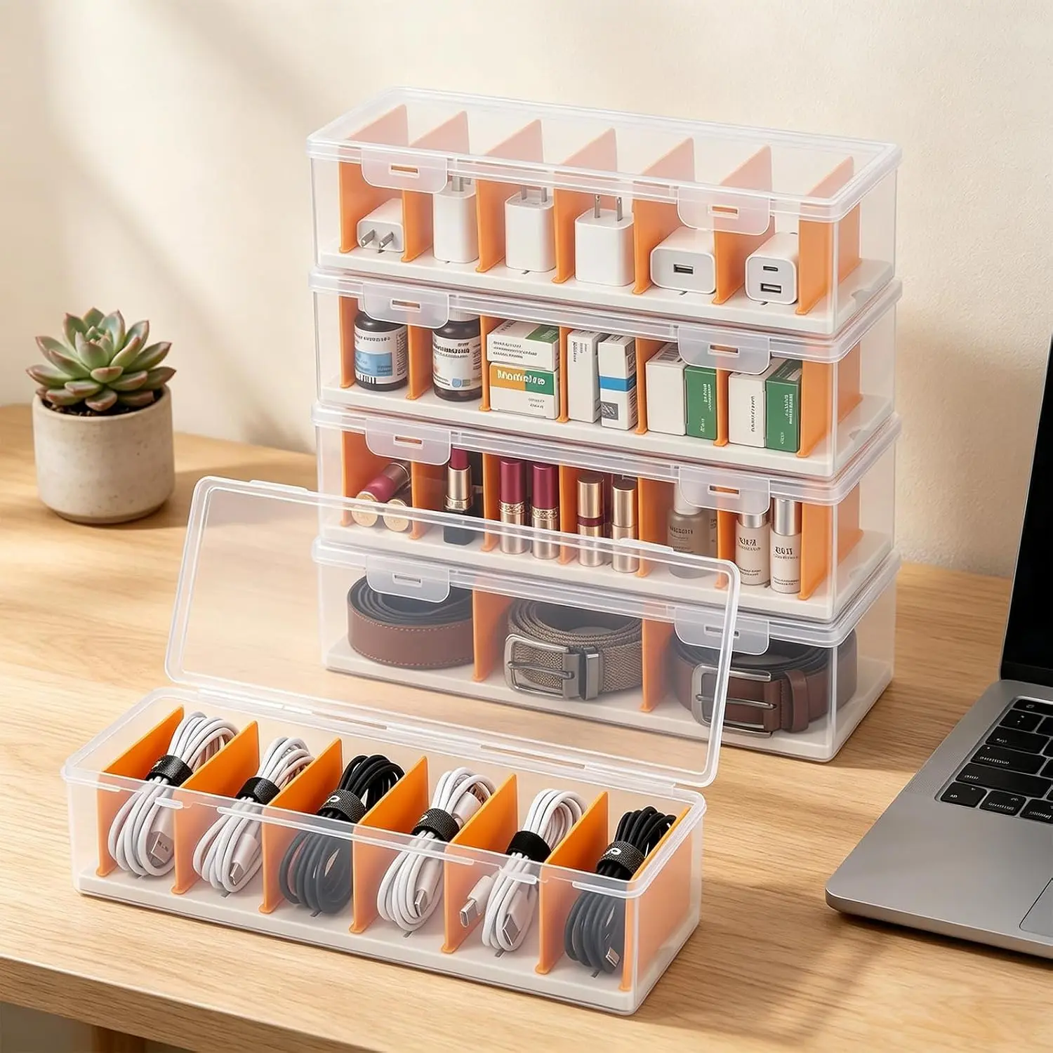 5 Pack Clear  Organizer Box with Lid, Plastic Cord Storage Case for Chargers, Power Cords, Electronics Accessories – Transparent Desk Organizer, Stackable, Adjustable Dividers