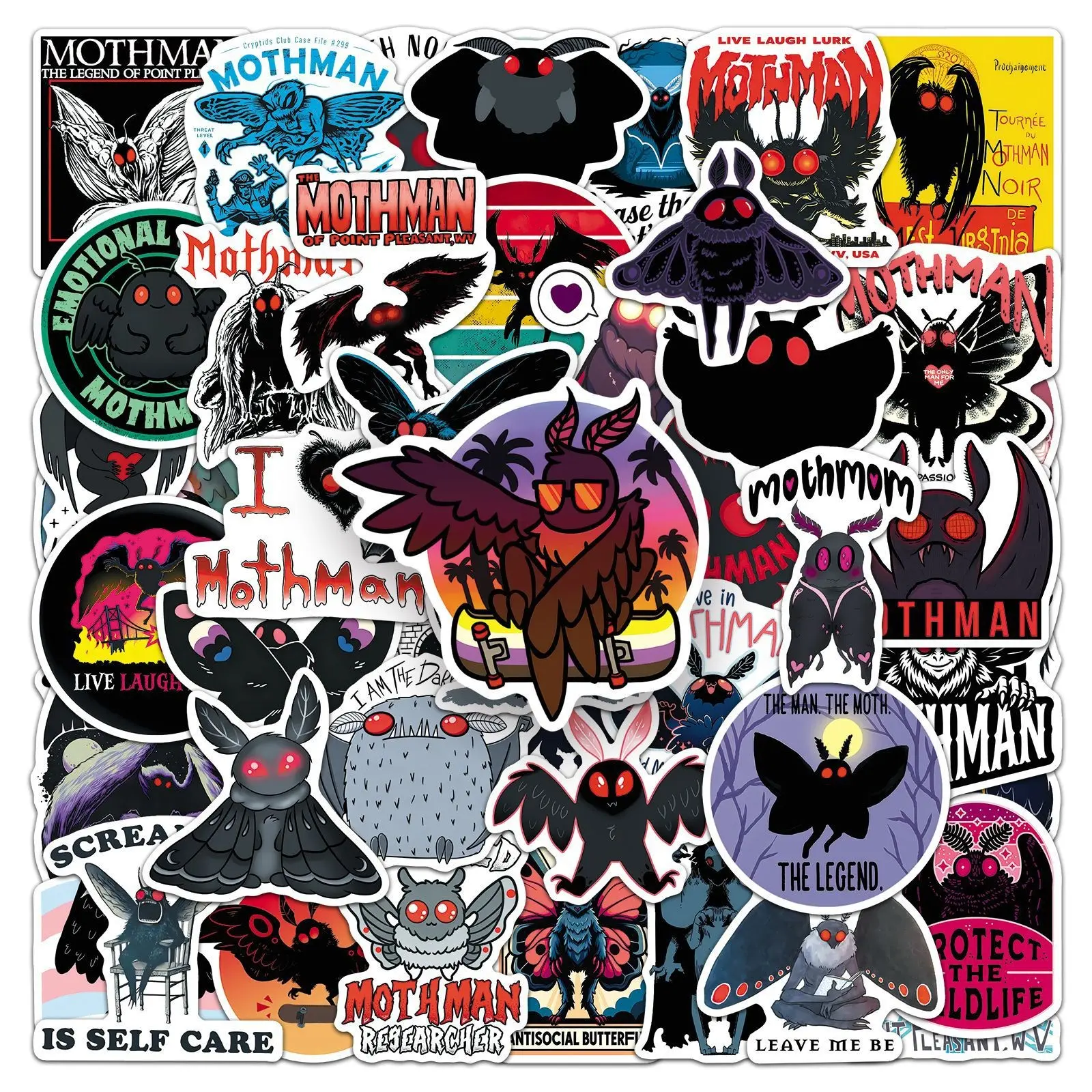 50Pcs Mothman Stickers, Urban Legend Mystery Creatures, Waterproof Halloween Decor, Cartoon PVC Stickers for Apple Devices