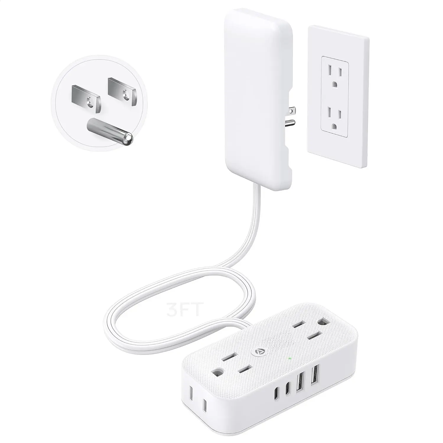 3ft Flat Extension Cord with Ultra-Thin Outlet Cover, 1250W, White | Flat Wall Plug Power Strip with 4 AC & 4 USB Ports(2 USB C), 900J Surge Protection,  Outlet Extender for Tight Spaces