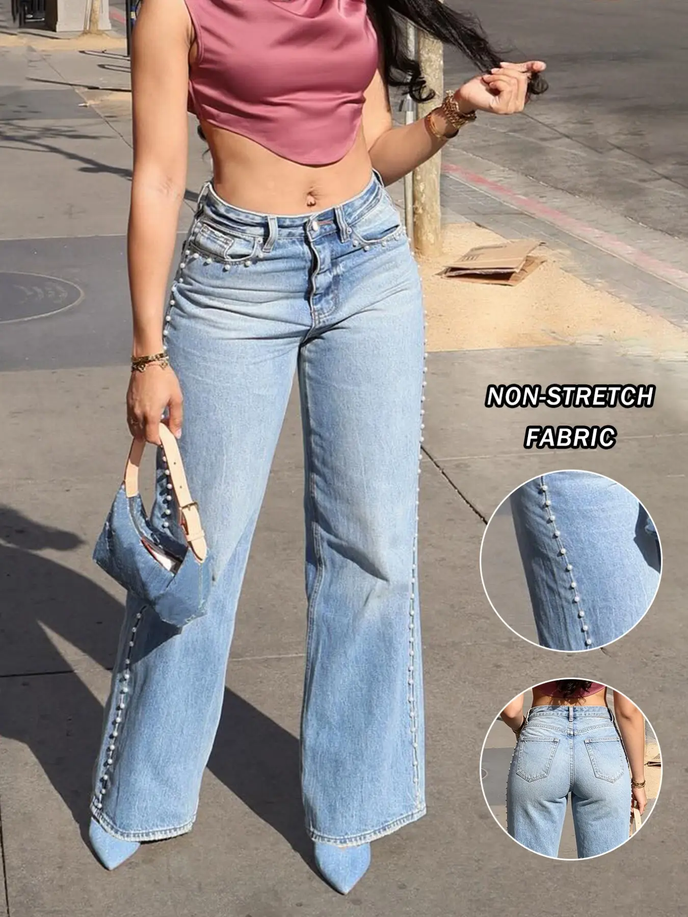 Women's Elegant Pearl Button Denim Jeans, Light Wash Vintage Baggy Wide Leg Pants, All-Season Casual Wear, Suitable for Commute & Dates, Bottoms