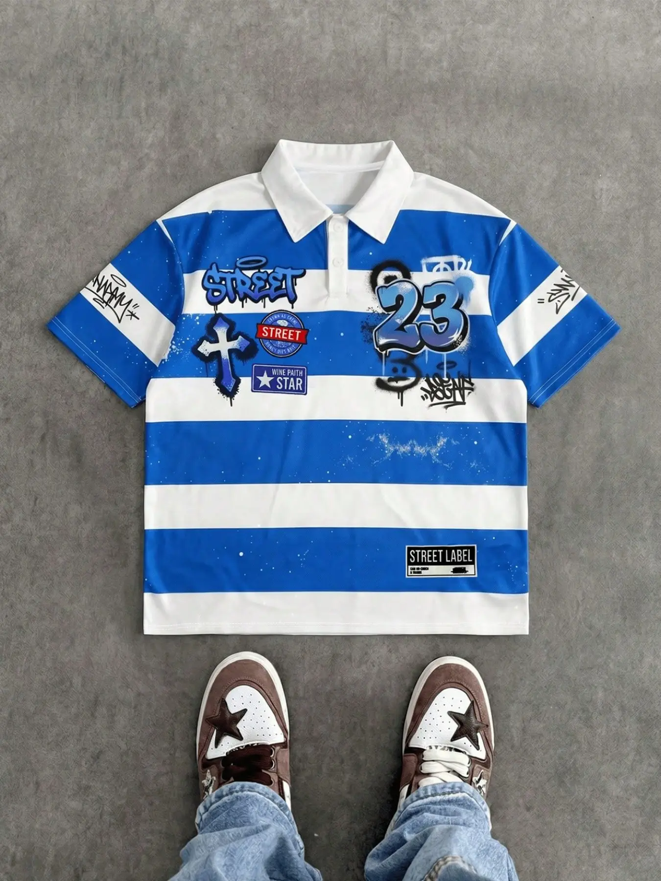 Men's Streetwear Short Sleeve Polo Shirt, Y2K Blue Stripes Graffiti Number 23 Print, Loose Fit, Casual Daily Wear, Party