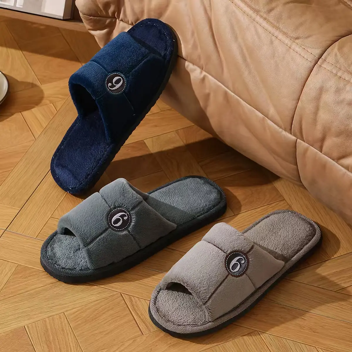 Men's Open Toe Soft Plush Casual Flat Slippers - Silent Slip-On Footwear, Fashionable Comfortable Indoor Slide Shoes, Shoe, Anti Slip Men's Fashion Slippers