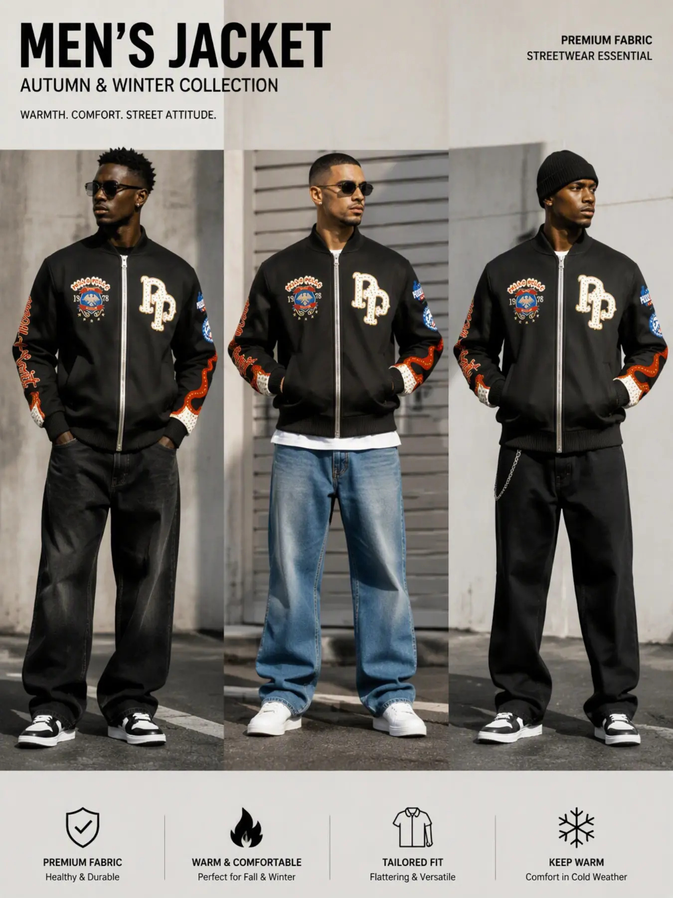 Men's Flame Sleeve Full Zip Bomber Jacket, Vintage Baseball Collar Windproof Jacket, Gothic School Team Streetwear Fall Winter Coat