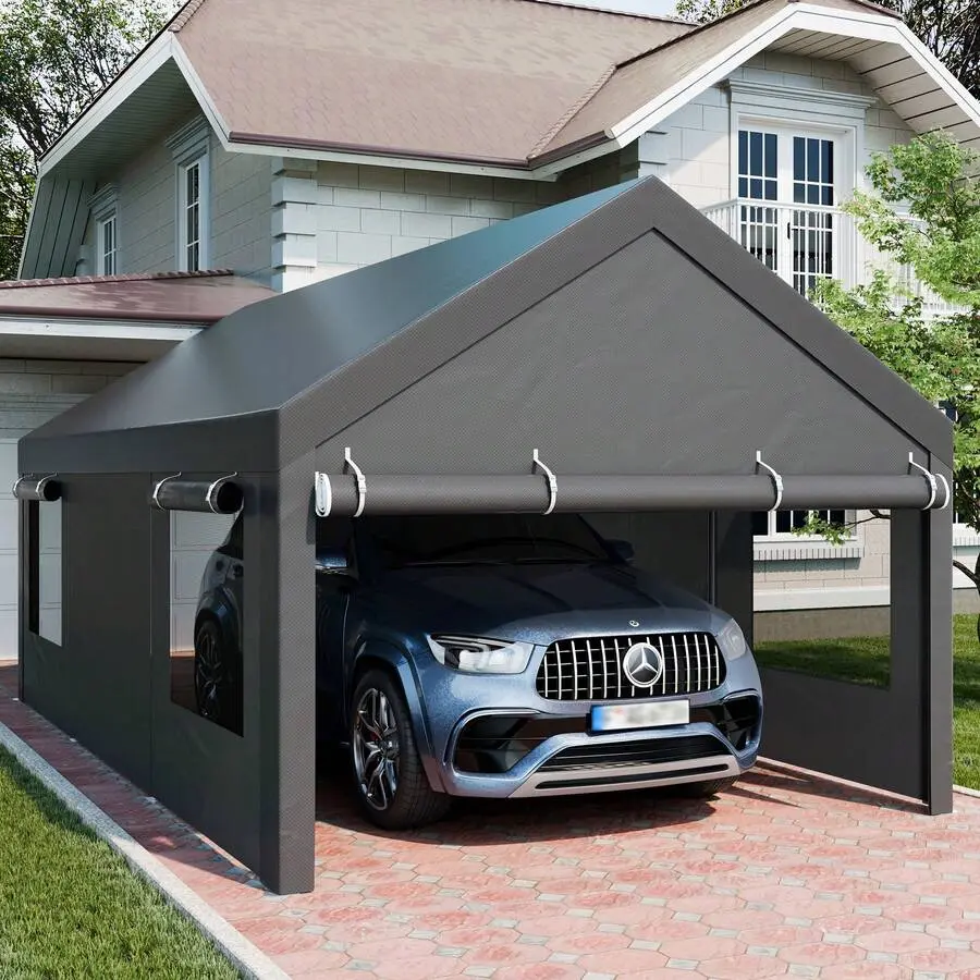 12x20 ft Heavy-Duty Metal Carport with 1.5-inch Diameter Frame, 180g Water-Resistant All-Season Tarp, Roll-Up Windows, Removable Sidewalls & Doors, Sun Protection, Sandbags for Car, Boat, Watch Party