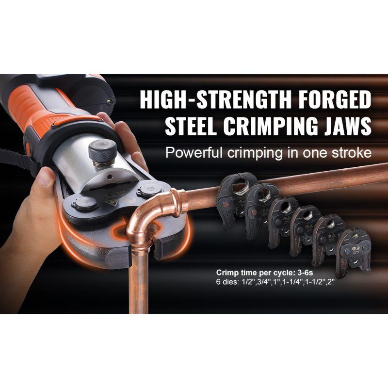 VEVOR ProPress Tool, 18V Electric Pipe Crimping Tool for 1/2, 3/4, 1, 1 1/4, 1 1/2, 2 Copper Pipes, Press Tool Kit with Brushless Motor, 6 Pro Press Jaws, 2pcs 4AH Battery