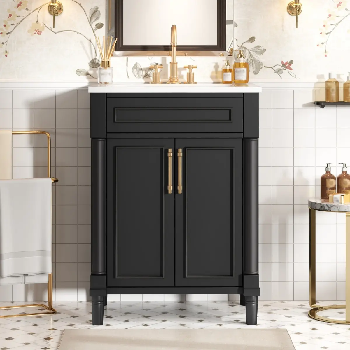 Aobtkel24" Bathroom Vanity with Integrated Ceramic Sink, Bathroom Cabinet with 2 Doors, Single Sink Bathroom Vanity for Small and Medium Restroom    RR
