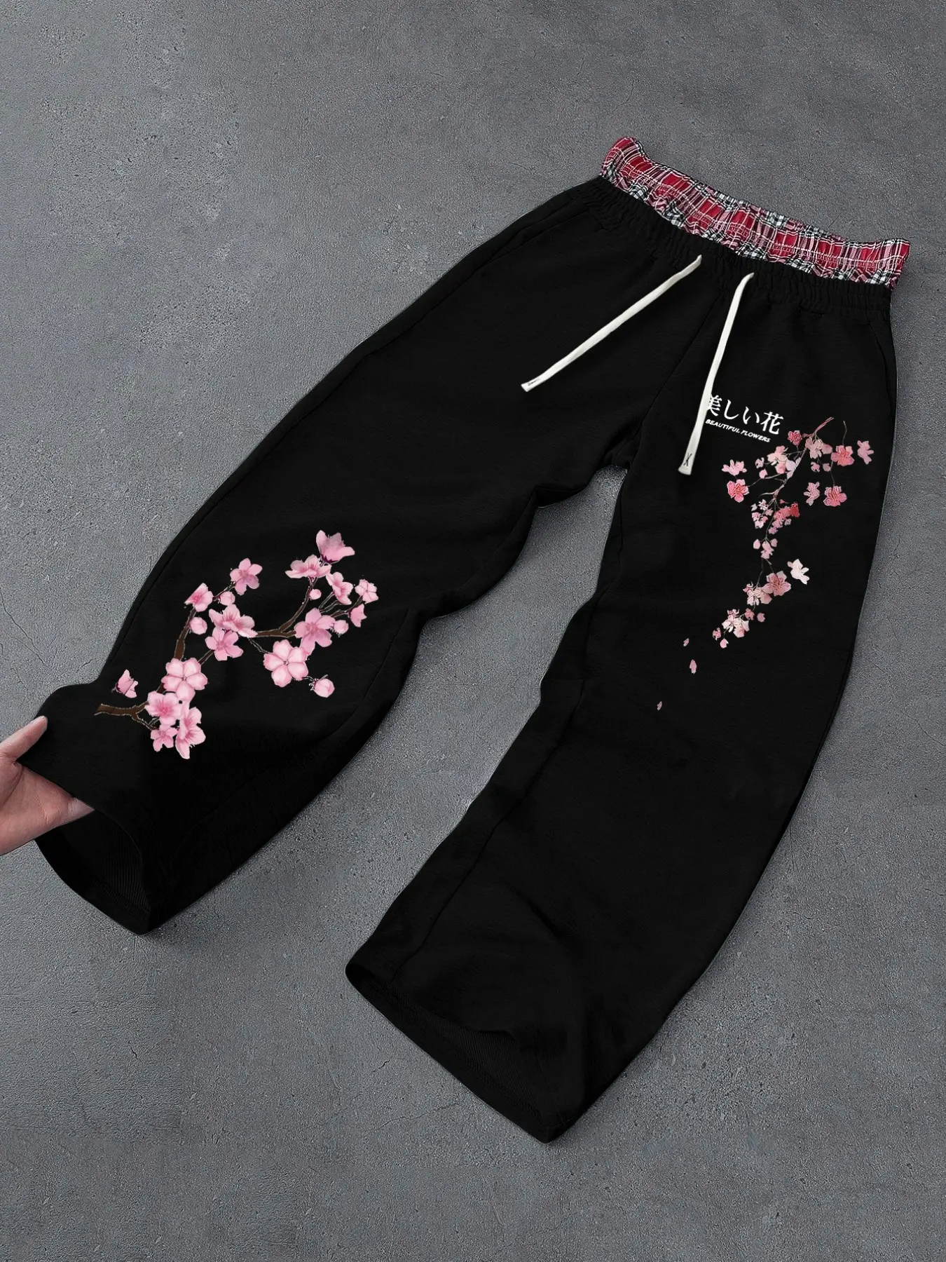 Cherry Blossom Plaid Wide Leg Sweatpants for Men, Y2K Japanese Style Loose Fit Casual Long Pants, Unisex Couple Fashion