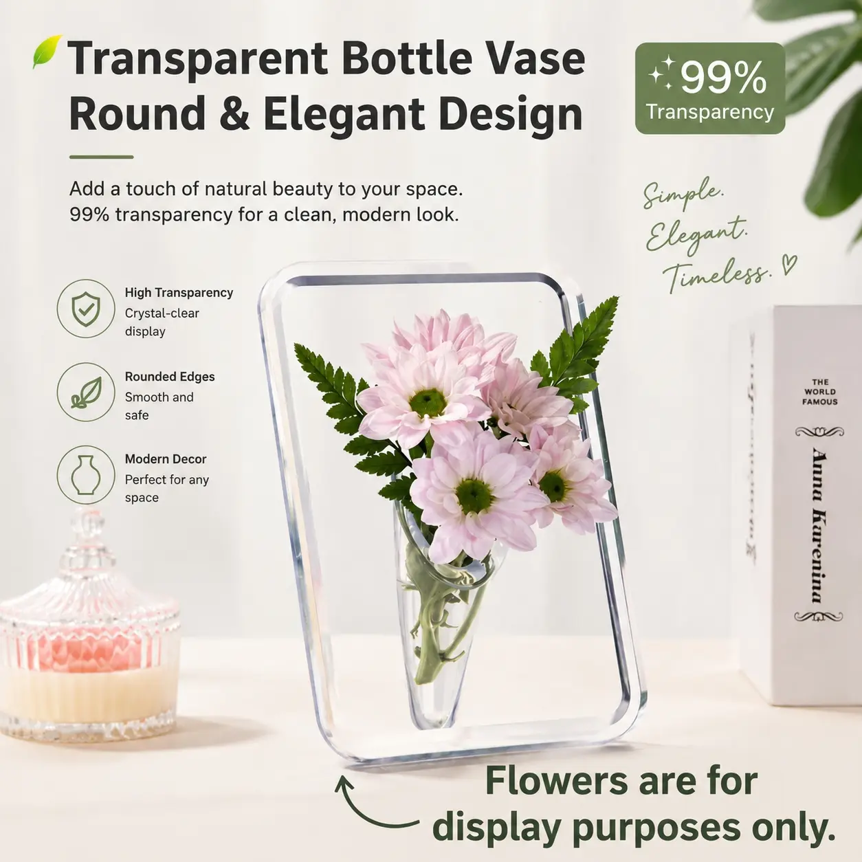 1PC Modern Acrylic Frame Vase – Transparent Floating Flower Vase, Decorative Vase, Minimalist Room Decor, Aesthetic Home Office Desktop Decoration, Heavy Duty Clear Plastic Vase for Fresh & Artificial Flowers