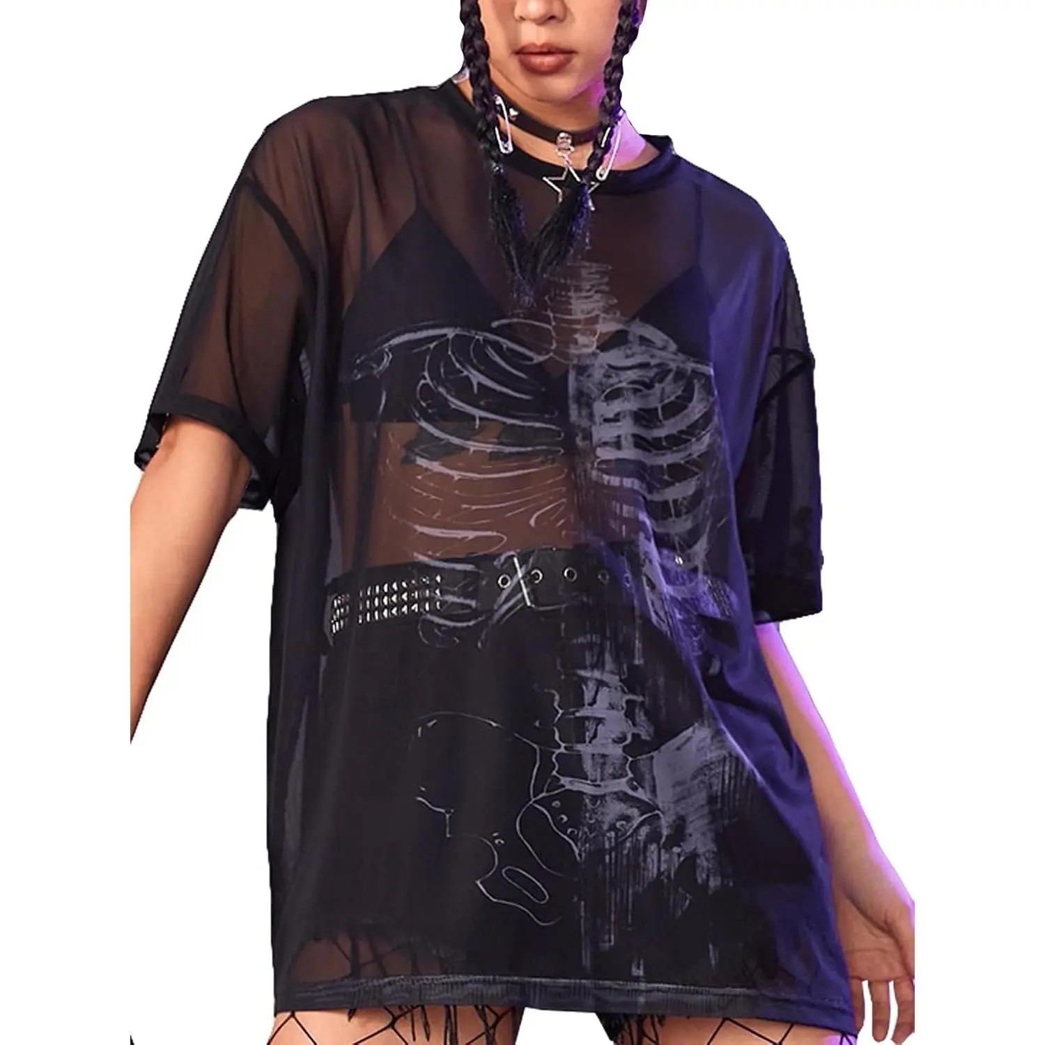 Women's Short Sleeve Soft Round Neck Skeleton Sheer Stretch Fabric Medium Length Mesh See-Through Blouse, Rave Shirt Tee