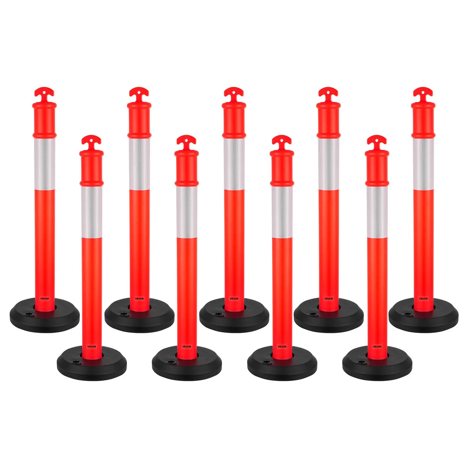 9 Pack Traffic Delineator Posts, 48 inches Traffic Safety Cones with Fillable Base and Reflective Strips, Heavy Duty Delineator Posts for Construction Site, Parking Lot, Crowd Control, Red